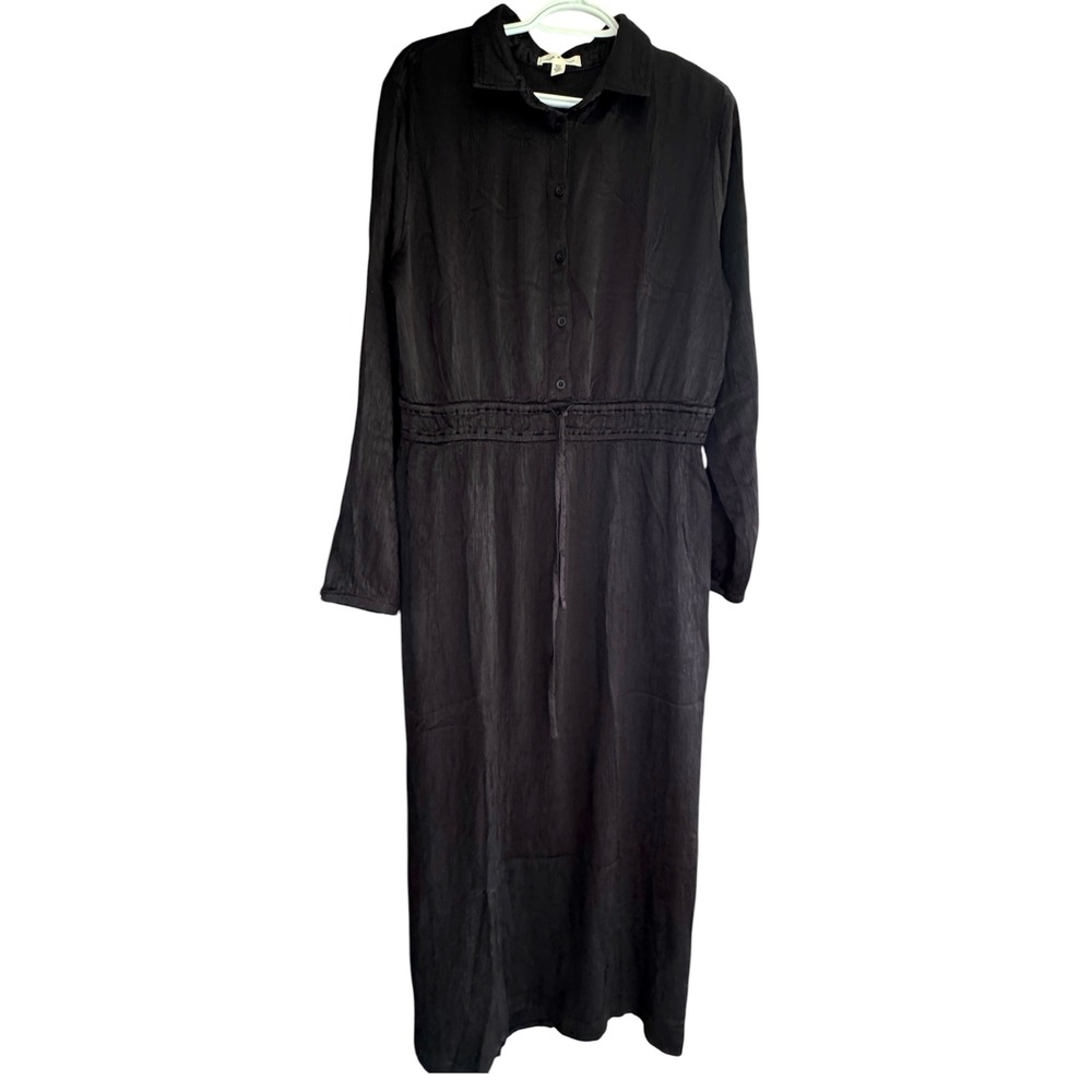 Cloth & Stone Black Crinkle Textured Maxi Shirt Dress Long Sleeve‎ Large Goth